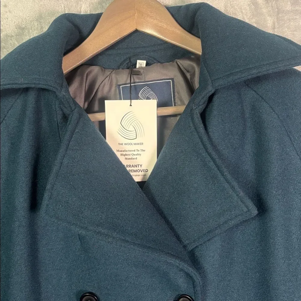 NWT New The Wool Maker Dark Teal Heavy Wool Blend Woman Jacket Pea Coat Size 2XL
